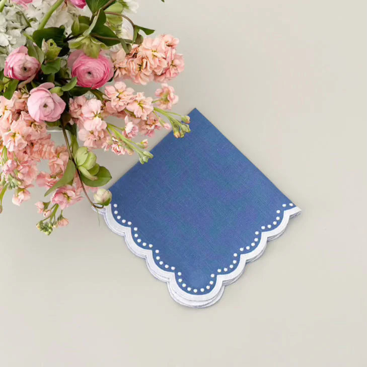 White Dot Embroidered Blue Linen